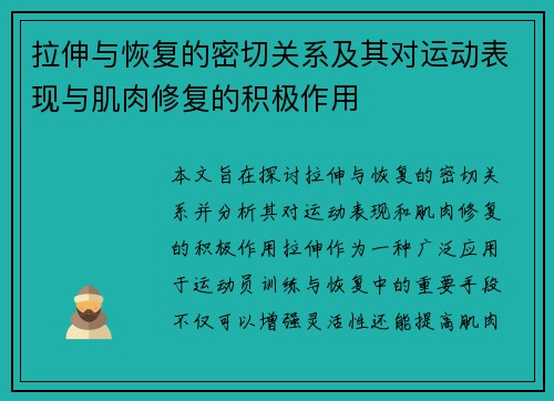 拉伸与恢复的密切关系及其对运动表现与肌肉修复的积极作用